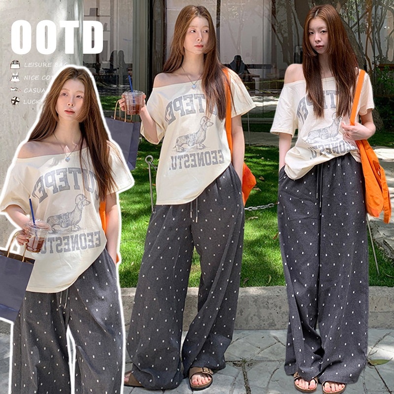 여름 새로운 Chic 오프숄더 순면 티셔츠 가져 가라. 느긋한 바람 회색 도트 무늬 와이드 레그 팬츠 여름 세트