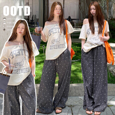 批发夏季新款别致露肩纯棉T恤搭慵懒风灰色波点阔腿裤夏日套装