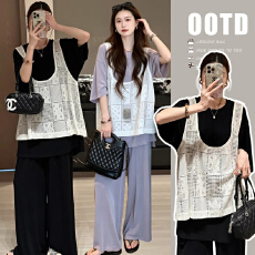 批发松弛感穿搭套<b class='q'>装</b>夏季显瘦<b class='q'>T</b><b class='q'>恤</b>+阔腿<b class='q'>裤</b>+<b class='q'>镂空</b>针织马甲三件套