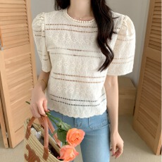 批发夏装 <b class='q'>韩国</b>chic小众设计气质花朵镂空蕾丝短袖衬衫女