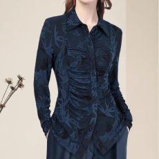 批发法式弹力针织提花<b class='q'>长袖</b>衬衫女秋季新款翻领气质收腰打底上衣