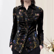 批发弹力印花衬衫女装2026春装新款<b class='q'>长袖</b>上衣设计感咖色褶皱衬衣