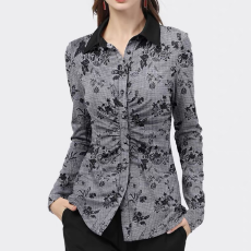 批发法式弹力针织提花<b class='q'>长袖</b>衬衫女秋季新款翻领气质收腰打底上衣