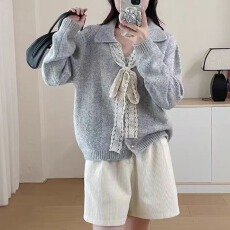 批发法式蕾丝蝴蝶结翻领蓝色毛衣女秋冬宽松慵懒风高级感针织开衫外套