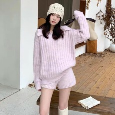 批发休闲毛衣短裤套装女甜美简约<b class='q'>时尚</b>穿搭一整套慵懒针织百搭2025秋冬