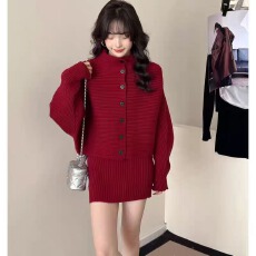 批发韩系宽松慵懒风2025秋<b class='q'>冬</b>新款单排扣气质纯色毛衣+显瘦半身裙套装