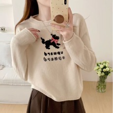 批发韩国东大门设计感卡通<b class='q'>刺绣</b>圆领毛衣套头<b class='q'>上衣</b>女秋季宽松减龄针织衫