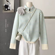 批发设计感撞色条纹拉链针织开衫女秋冬显瘦气质毛衣外套