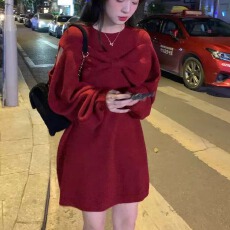 批发圣诞过新年战袍红色针织连衣裙子女秋冬2025新款小个子内搭毛衣裙