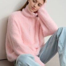 批发2025冬新款高领拉链半开襟落肩袖仿貂绒毛衣女<b class='q'>休闲</b>宽松上衣