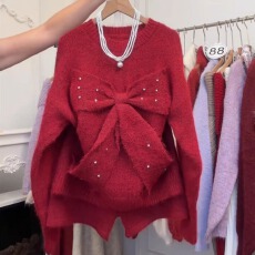 批发温柔风气质新年红色蝴蝶结毛衣短<b class='q'>裤</b>女<b class='q'>装</b>2026春季新款独特绝美套<b class='q'>装</b>