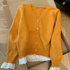 批发美拉德穿搭 蕾丝拼接<b class='q'>马海毛</b>毛衣外套女秋冬针织<b class='q'>开衫</b>