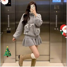 韩系一整套深冬穿搭毛衣套装女2025新款重工蝴蝶结针织短裙三件套