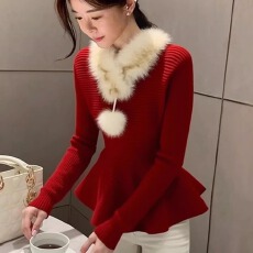 批发秋<b class='q'>冬</b>新款毛衣绝美巨好看掐腰气质圣诞新年打底红色针织上衣