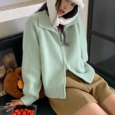 批发慵懒风纯色双拉链翻领毛衣外套女秋冬新款宽松简约立领针织<b class='q'>开衫</b>厚