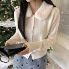 批发韩版毛领纯色圆领单排扣针织开衫打底毛衣女