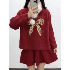 批发2026冬款酒红宽松毛衣毛领+亮片蝴蝶结装饰保暖针织衫宽松