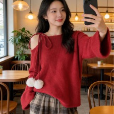 批发实拍独特新年红色露肩<b class='q'>毛衣</b>女2026秋冬新款大码胖mm<b class='q'>中长款</b>针织上衣
