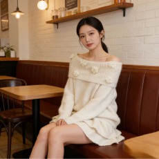 批发新款立体花朵<b class='q'>甜美</b>一字肩毛衣+半身裙两件套女潮