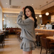 批发一字肩斜肩毛衣女小香风斜领毛衣针织套装长袖上衣+高腰A字半身裙