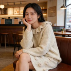 批发东大门韩系<b class='q'>甜美</b>荷叶边一字领毛衣+花朵包臀半身短裙两件套