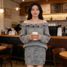 批发秋冬爆款韩版显瘦慵懒风轻奢针织衫百搭<b class='q'>宽松</b><b class='q'>毛衣</b>短裙两件套装