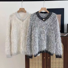 批发温柔系小香风软糯宽松百搭2026年秋冬季新款亮丝撞色毛衣开衫外套