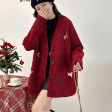 批发优质高货  满天星珠片过年秋冬新款V领单排扣针织开衫女毛衣外套