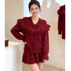 批发韩系<b class='q'>甜美</b>小香风套装女2026春季新款v领荷叶边设计感针织衫a字短裙