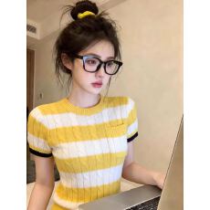 批发棉条纹圆领短袖针织衫女春季休闲风修身显瘦套头上衣