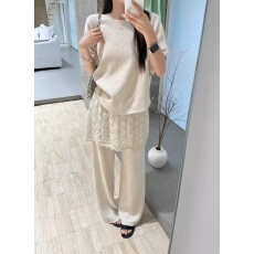 批发VI+韩版宽松短袖针织衫+拼接屁帘休闲阔腿<b class='q'>裤</b><b class='q'>两件套</b>女2026春季套装