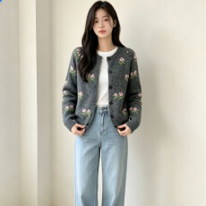 批发26秋冬 韩系慵懒玫瑰提花毛衣外套宽松加厚软糯气质<b class='q'>针织</b><b class='q'>开衫</b>