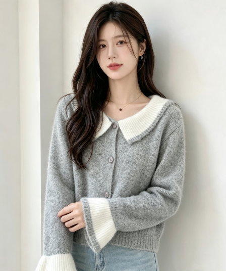 2026 가을 겨울 새로운 프릴 니트 오픈 가디건 달콤함 싱글 줄 버튼 배색 스웨터 여성 코트