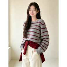 批发2026韩国秋冬新款经典撞色条纹针织衫套头毛衣上衣女