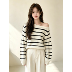 批发2026韩国秋冬新款经典撞色条纹针织衫套头毛衣上衣女