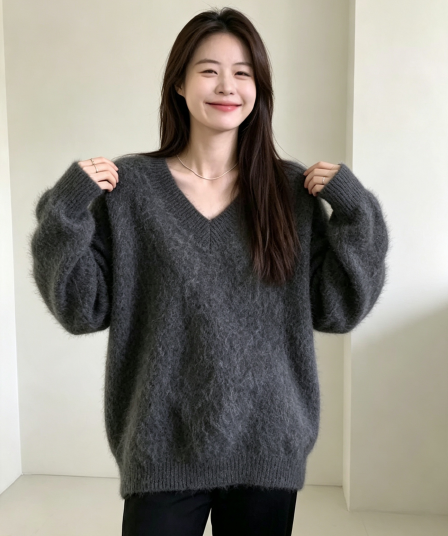 회색 V넥 모헤어 스웨터 여자 가을 겨울 고급 센스 느긋한 바람 풀오버 니트 스웨터 와이드 부드러운 찹쌀 맨위 두꺼움