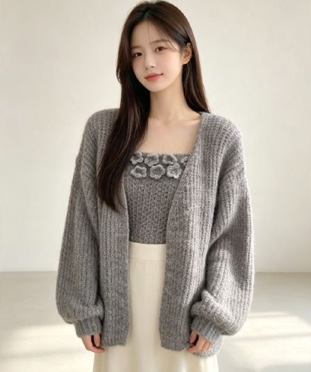 가을 겨울 새로운 스웨터 코트 니트 오픈 가디건 몸매 가꾸기 슬림해 보이는 꽃 포장 가슴 두 조각 여성 세트