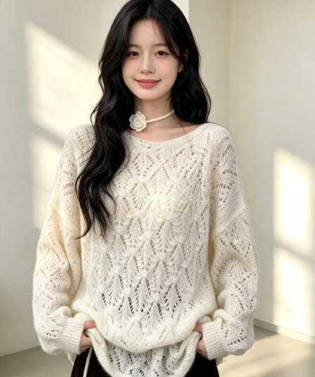 달콤함 우아함 패션 절묘한 홀로우 아웃 풀오버 니트 스웨터 여성