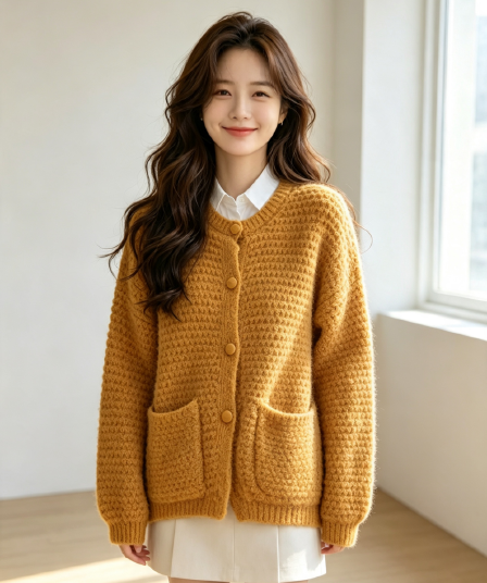 레트로 황색 스웨터 오픈 가디건 여성 가을 겨울 새로운 두꺼운 루즈핏 다용도 슬림해 보이는 니트 재킷 맨위 트렌디
