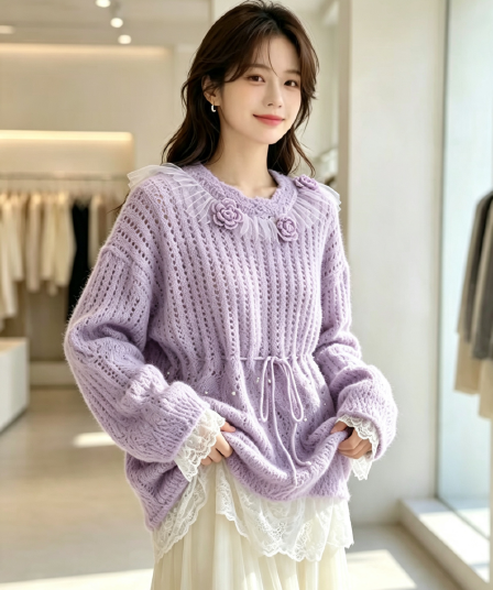 가을 겨울 새로운 작은 샤넬 스타일 우아함 레이스 조각 절묘한 달콤함 니트 스웨터 풀오버 레이스업 풀오버 맨위