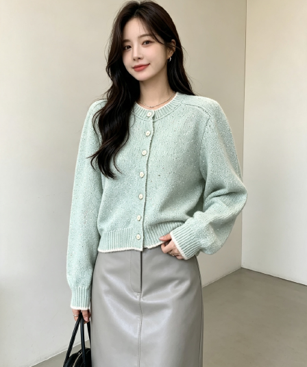 가을 겨울 새로운 부드러운 찹쌀 박하 녹색 포인트 실 한 부서 스웨터 오픈 가디건 여성 우아함 작은 대중 느긋한 니트 맨위 재킷