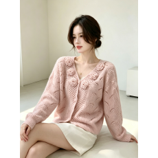 批发手工立体花朵针织开衫甜美重工小香风毛衣外套女