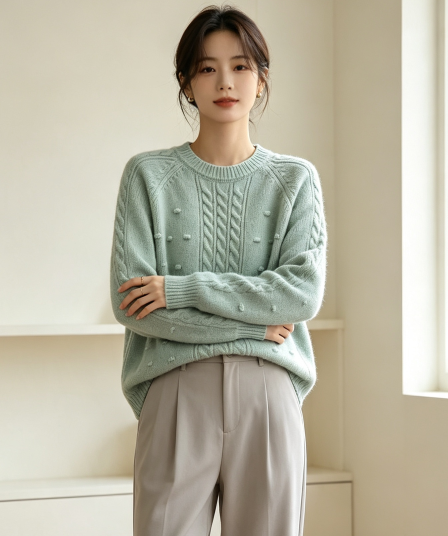 한 부서 2026 가을 겨울 새로운 풀오버 라운드 넥 꽈배기 루즈핏 슬림해 보이는 부드러운 찹쌀 니트 두꺼운 스웨터 여자