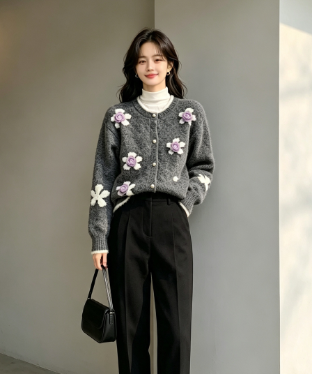 무거운 작업 꽃 자수 자카드 빨간색 라운드 넥 오픈 가디건 스웨터 여자 가을 겨울철 고급 센스 루즈핏 카디건 코트