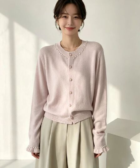 가을 겨울 새로운 달콤함 품격 다용도 비즈 박기 프릴 스웨터 오픈 가디건 여성 부드러운 찹쌀 스웨터 코트 맨위