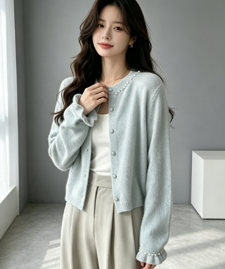 작은 샤넬 스타일 고급 달콤함 비즈 박기 다용도 니트 오픈 가디건 여성 스웨터 코트