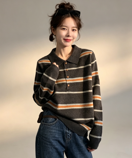 가을 겨울 새로운 스트라이프 ppolo 칼라 풀오버 패션 풀오버 니트 스웨터 스웨터 맨위 여성