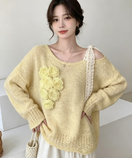 작은 샤넬 스타일 오프숄더 레이스업 무거운 작업 꽃 풀오버 니트 스웨터 달콤함 품격 다용도 스웨터 여자