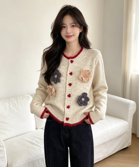 한 부서 달콤함 꽃 가을 겨울 새로운 싱글 줄 버튼 다용도 작은 샤넬 스타일 스웨터 코트 니트 오픈 가디건