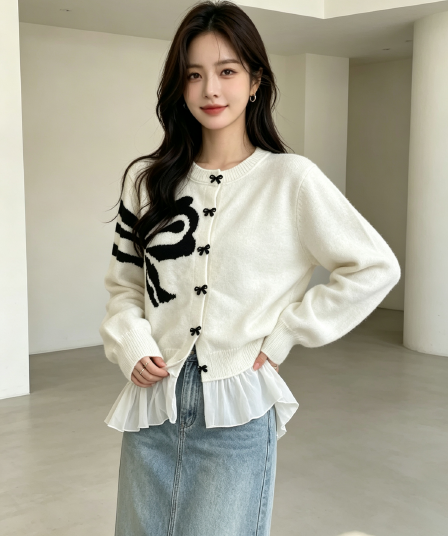한국 chic 가을 겨울 여성 코트 프랑스식 디자인 센스 나비 매듭 프린트 패치워크 레이스 긴팔 니트 오픈 가디건